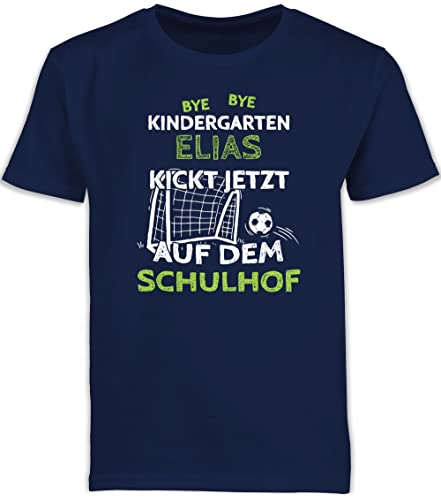 Kinder T-Shirt Jungen Schulanfang - Einschulung Junge - Bye Bye Kindergarten - kickt jetzt auf dem Schulhof - Fußball Tor - weiß - 128 (7/8 Jahre) - Navy Blau - Tshirt Schulkind von Geschenk mit Namen personalisiert by Shirtracer
