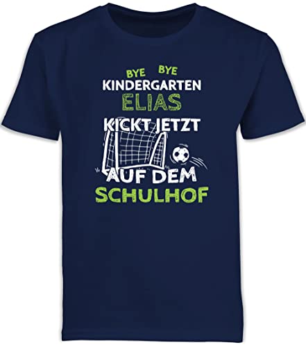 Kinder T-Shirt Jungen Schulanfang - Einschulung Junge - Bye Bye Kindergarten - kickt jetzt auf dem Schulhof - Fußball Tor - weiß - 128 (7/8 Jahre) - Navy Blau - Tshirt Schule von Geschenk mit Namen personalisiert by Shirtracer