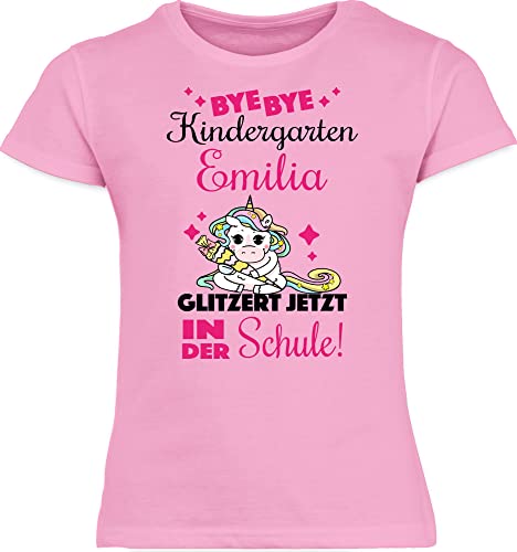 T-Shirt Mädchen Schulkind - Einschulung - Bye Bye Kindergarten - Glitzer Schule - 140 (9/11 Jahre) - Rosa - Tshirt First Day of School Schulanfang Kita abschluss t-Shirts Shirt einschulungsshirt von Geschenk mit Namen personalisiert by Shirtracer