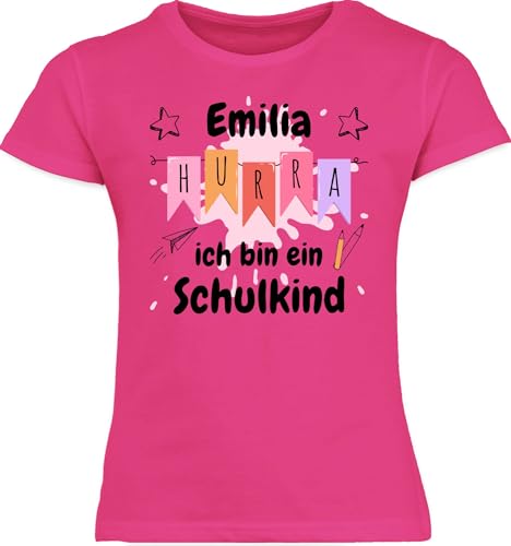 T-Shirt Mädchen - Einschulung - Hurra ich Bin EIN Schulkind - rosa oder hellblau - schwarz - 140 (9/11 Jahre) - Fuchsia - Geschenke zum Schulanfang First Day of School Tshirt schulanfänger Schule von Geschenk mit Namen personalisiert by Shirtracer