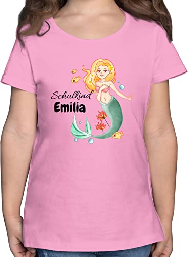 T-Shirt Mädchen - Einschulung - Meerjungfrau Schulkind - 128 (7/8 Jahre) - Rosa - personalisiertes Schulanfang Name Tshirt Shirt einschulungst-Shirt schulkinder Shirts t einschulungsshirt von Geschenk mit Namen personalisiert by Shirtracer