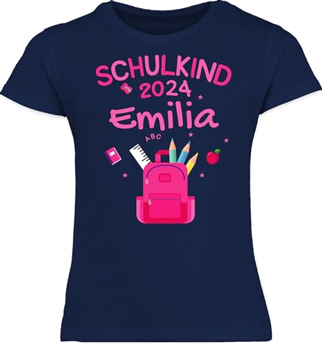 T-Shirt Mädchen - Einschulung - Schulkind 2024-128 (7/8 Jahre) - Navy Blau - Tshirt First Day of School personalisiertes Schulanfang endlich in die Schule Shirt Sachen für Outfit 1.Schultag von Geschenk mit Namen personalisiert by Shirtracer