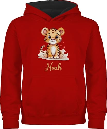 Geschenk mit Namen personalisiert by Shirtracer Pullover Kinder Hoodie Jungen Mädchen - Zootiere - Tiger - 140 (9/11 Jahre) - Rot/Schwarz - Tiger, tiermotiv von Geschenk mit Namen personalisiert by Shirtracer