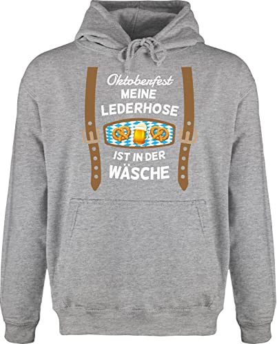 Hoodie Herren Pullover Männer - Kompatibel Oktoberfest - Meine Lederhose ist in der Wäsche - bairische Maß mit Brezen - XXL - Grau meliert - Pulli bayrische Lederhosen Hoodys bayrisch von Geschenk mit Namen personalisiert by Shirtracer