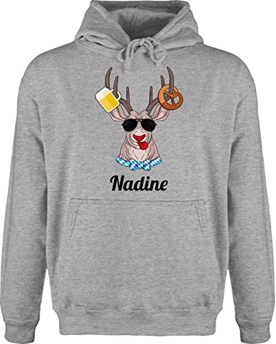 Hoodie Herren Pullover Männer - Kompatibel - Oktoberfest Hirsch mit Brezl und Bier - M - Grau meliert - bayrische Hoodies bayrisches bayrisch Bayern von Geschenk mit Namen personalisiert by Shirtracer