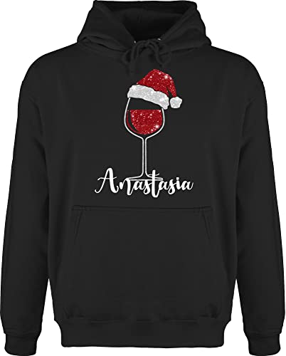 Hoodie Herren Pullover Männer - Weihnachten Geschenke Christmas - Weinglas mit Weihnachtsmütze in Glitzeroptik und Name - 3XL - Schwarz - Weihnachts weihnachtlich weihnachtsmotiven 2023 von Geschenk mit Namen personalisiert by Shirtracer