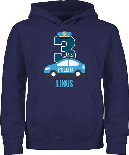 Kinder Hoodie Jungen Mädchen - 3. - 3 Geburtstag Polizei Polizeiauto Polizeifahrzeuge Polizeiparty - 128 (7/8 Jahre) - Navy Blau - Pullover dritter Pulli Name 3.Geburtstag Junge personalisierte von Geschenk mit Namen personalisiert by Shirtracer
