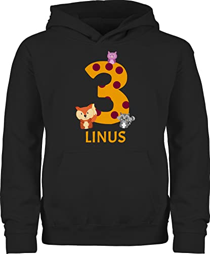 Kinder Hoodie Jungen Mädchen - 3. Geburtstag - Waldtiere - Bär Waschbär Fuchs Eule zum Dritten - 98 (1/2 Jahre) - Schwarz - personalisierte Pullover 3 DREI Jahre 3.Geburtstag Pulli dreijährige von Geschenk mit Namen personalisiert by Shirtracer