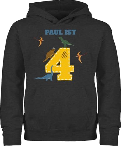 Kinder Hoodie Jungen Mädchen - 4. - 4 Geburtstag Dinosaurier Dino - 116 (5/6 Jahre) - Anthrazit meliert - geburtstags pulli jahre 4.geburtstag junge name von Geschenk mit Namen personalisiert by Shirtracer