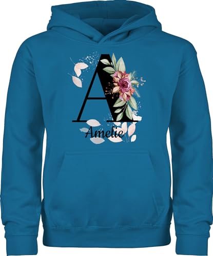Kinder Hoodie Jungen Mädchen - Anfangsbuchstabe - Buchstabe anpassbar mit Name I Geschenk Initialen - 152 (12/13 Jahre) - Himmelblau - Blumen Pullover Pulli selbst gestalten Buchstaben a von Geschenk mit Namen personalisiert by Shirtracer