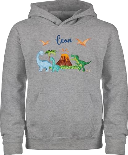 Kinder Hoodie Jungen Mädchen - Geschenk Dinosaurier personalisiert mit Name I Dino I Dinos - 152 (12/13 Jahre) - Grau meliert - Pullover Jungs Tier trex Pulli Tieren Kita Hoodies saurier t rex von Geschenk mit Namen personalisiert by Shirtracer