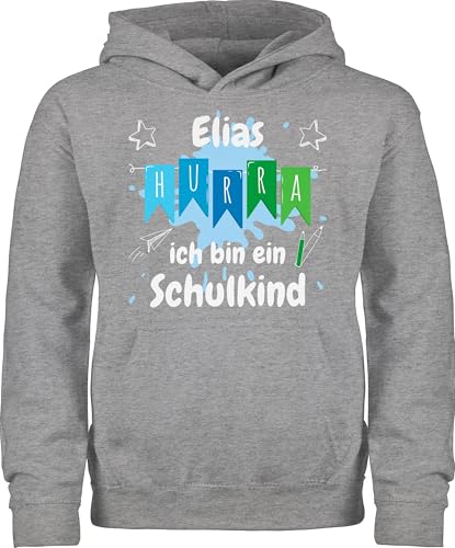 Kinder Hoodie Jungen Mädchen - Einschulung Schulanfang Junge - Hurra ich bin ein Schulkind - 128 (7/8 Jahre) - Grau meliert - pullover schulkinder name jungs hudi schul werde bald schule 2022 von Geschenk mit Namen personalisiert by Shirtracer