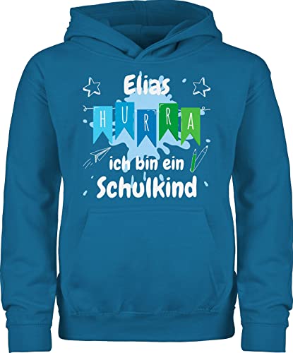 Kinder Hoodie Jungen Mädchen - Einschulung Schulanfang Junge - Hurra ich bin ein Schulkind - 128 (7/8 Jahre) - Himmelblau - pullover schulkinder name jungs hudi schul werde bald schule 2022 von Geschenk mit Namen personalisiert by Shirtracer