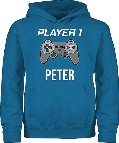 Kinder Hoodie Jungen Mädchen - Gaming - Player 1 Controller Spieler Eins Zocker Gamer Daddeln Partner Partnerin Geschenk - 128 (7/8 Jahre) - Himmelblau - zocken Pulli Game Pullover Name Hoody für von Geschenk mit Namen personalisiert by Shirtracer