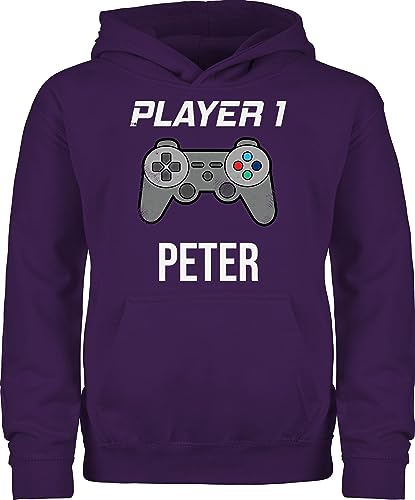 Kinder Hoodie Jungen Mädchen - Gaming - Player 1 Controller Spieler Eins Zocker Gamer Daddeln Partner Partnerin Geschenk - 152 (12/13 Jahre) - Lila - zocken Pulli Game Pullover Name Hoody für von Geschenk mit Namen personalisiert by Shirtracer