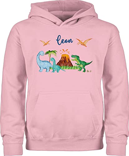 Kinder Hoodie Jungen Mädchen - Geschenk Dinosaurier personalisiert mit Name I Dino I Dinos - 104 (3/4 Jahre) - Hellrosa - Pullover Jungs Tier trex Pulli Tieren Kita Hoodies saurier t rex Hoddie von Geschenk mit Namen personalisiert by Shirtracer