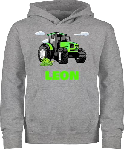 Kinder Hoodie Jungen Mädchen - Geschenk Traktor mit Name personalisiert I Trecker Fan I Zugmaschine I Bulldog I Schlepper - 98 (1/2 Jahre) - Grau meliert - Traktoren Pullover Junge Pulli von Geschenk mit Namen personalisiert by Shirtracer