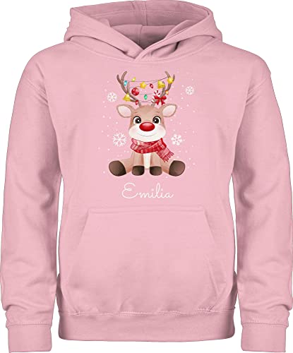 Kinder Hoodie Jungen Mädchen - Geschenke - Süßes Rentier mit Name Wunschtext I Geschenk Rentier Weihnachten I Rudolph Reindeer Rudolf - 116 (5/6 Jahre) - Hellrosa - weihnachtshoodie von Geschenk mit Namen personalisiert by Shirtracer