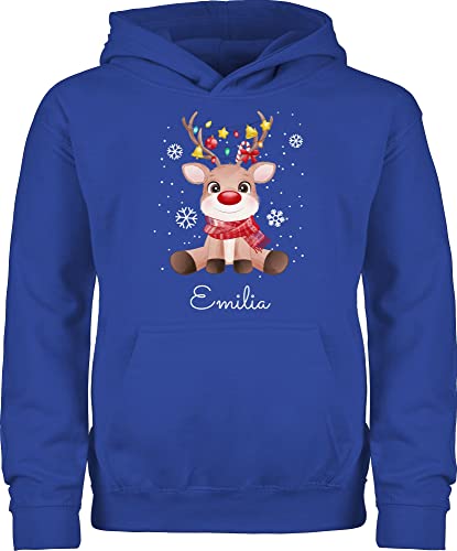 Kinder Hoodie Jungen Mädchen - Geschenke - Süßes Rentier mit Name Wunschtext I Geschenk Rentier Weihnachten I Rudolph Reindeer Rudolf - 116 (5/6 Jahre) - Royalblau - weihnachtshoodie von Geschenk mit Namen personalisiert by Shirtracer