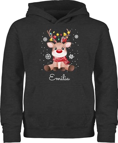 Kinder Hoodie Jungen Mädchen - Geschenke - Süßes Rentier mit Name Wunschtext I Geschenk Rentier Weihnachten I Rudolph Reindeer Rudolf - 128 (7/8 Jahre) - Anthrazit meliert - weihnachtshoodie von Geschenk mit Namen personalisiert by Shirtracer