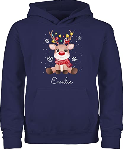 Kinder Hoodie Jungen Mädchen - Geschenke - Süßes Rentier mit Name Wunschtext I Geschenk Rentier Weihnachten I Rudolph Reindeer Rudolf - 152 (12/13 Jahre) - Navy Blau - weihnachtshoodie von Geschenk mit Namen personalisiert by Shirtracer