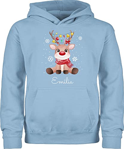 Kinder Hoodie Jungen Mädchen - Geschenke - Süßes Rentier mit Name Wunschtext I Geschenk Rentier Weihnachten I Rudolph Reindeer Rudolf - 98 (1/2 Jahre) - Hellblau - weihnachtshoodie von Geschenk mit Namen personalisiert by Shirtracer