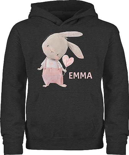 Kinder Hoodie Jungen - Süßer Hase Mädchen mit Name personalisiert I Häschen I Rabbit I Langohr I Süße Hasen - 140 (9/11 Jahre) - Anthrazit meliert - hasenmotiv Emma Ostern Bunny osterhasen von Geschenk mit Namen personalisiert by Shirtracer