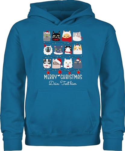 Kinder Hoodie Jungen Mädchen - Katzen zu Weihnachten I Merry Christmas mit Wunschtext I Geschenk Katzenliebhaber - 140 (9/11 Jahre) - Himmelblau - weihnachtspulli weihnachtshoodie weinachts Katze von Geschenk mit Namen personalisiert by Shirtracer