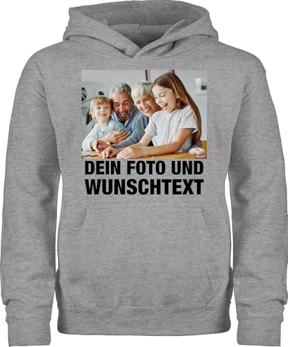 Kinder Hoodie Jungen Mädchen - Mit Foto I Eigenem Bild I Text I Name I Wunschtext - 116 (5/6 Jahre) - Grau meliert - Pulli selber+drucken+Kinder Hoody selbst Bedrucken selber gestalten Photo von Geschenk mit Namen personalisiert by Shirtracer