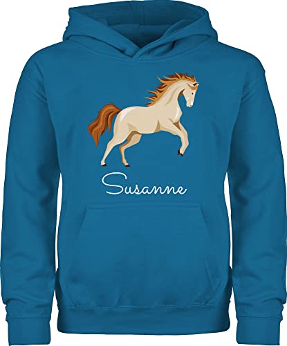Kinder Hoodie Jungen Mädchen - Pferde - Steigendes Pferd mit Wunschname - 104 (3/4 Jahre) - Himmelblau - Pullover für pferdemädchen reiten pferden reitpullover pferdepullover Reiter und Pulli von Geschenk mit Namen personalisiert by Shirtracer