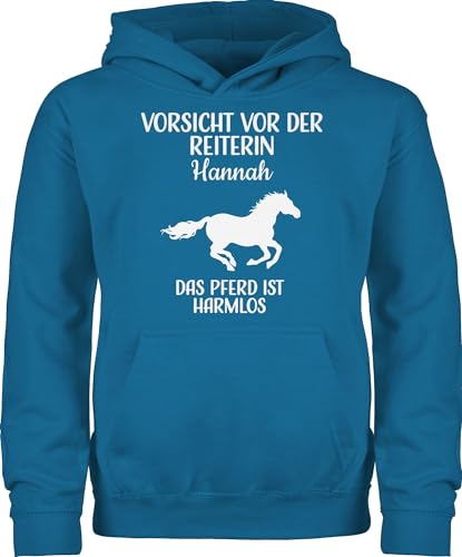 Kinder Hoodie Jungen Mädchen - Pferde - Vorsicht vor der Reiterin - Name - das Pferd ist harmlos weiß - 152 (12/13 Jahre) - Himmelblau - pullover für pferdemädchen reiten reitpullover von Geschenk mit Namen personalisiert by Shirtracer