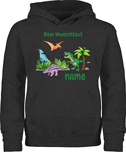 Kinder Hoodie Jungen Mädchen - Tiere - Dino Dinos Dinosaurier - 128 (7/8 Jahre) - Anthrazit meliert - personalisierte Geschenke Name Pullover Tier Kita Tieren personalisierter tiermotiv und von Geschenk mit Namen personalisiert by Shirtracer