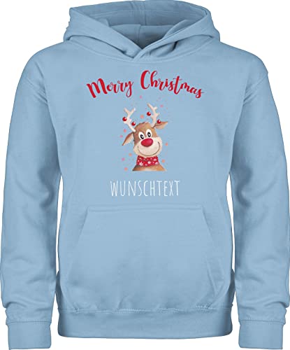 Kinder Hoodie Jungen Mädchen - Weihnachten Geschenke - Merry Christmas Rentier mit Sternen - 116 (5/6 Jahre) - Hellblau - weihnachtshoodie Weihnachts Pullover Weihnachtspullover weihnacht von Geschenk mit Namen personalisiert by Shirtracer