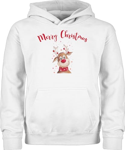 Kinder Hoodie Jungen Mädchen - Weihnachten Geschenke - Merry Christmas Rentier mit Sternen - 152 (12/13 Jahre) - Grau meliert - weihnachtshoodie Weihnachts Pullover Weihnachtspullover weihnacht von Geschenk mit Namen personalisiert by Shirtracer