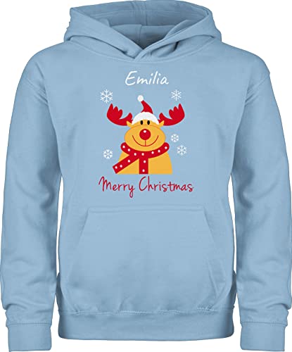 Kinder Hoodie Jungen Mädchen - Weihnachten Geschenke - Merry Christmas Rentier mit Wunschname - 140 (9/11 Jahre) - Hellblau - Pullover weihnachtshoodie Weihnachts Schriftzug Emilia kinderpulli von Geschenk mit Namen personalisiert by Shirtracer