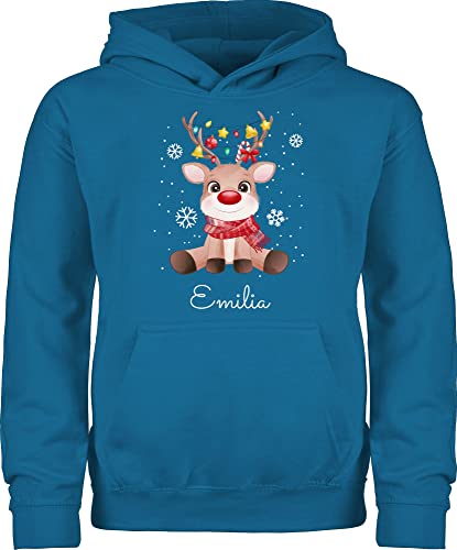 Kinder Hoodie Jungen Mädchen - Geschenke - Süßes Rentier mit Name Wunschtext I Geschenk Rentier Weihnachten I Rudolph Reindeer Rudolf - 104 (3/4 Jahre) - Himmelblau - weihnachtshoodie von Geschenk mit Namen personalisiert by Shirtracer