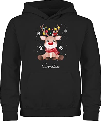 Kinder Hoodie Jungen Mädchen - Geschenke - Süßes Rentier mit Name Wunschtext I Geschenk Rentier Weihnachten I Rudolph Reindeer Rudolf - 152 (12/13 Jahre) - Schwarz - weihnachtshoodie von Geschenk mit Namen personalisiert by Shirtracer