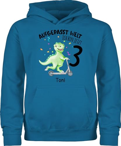 Kinder Hoodie Jungen Mädchen - 3. Geburtstag - Aufgepasst Welt - Ich bin jetzt 3 - Dino Dinosaurier Saurier - 104 (3/4 Jahre) - Himmelblau - pullover dritter schon name 3.geburtstag und zahl jahre von Geschenk mit Namen personalisiert by Shirtracer