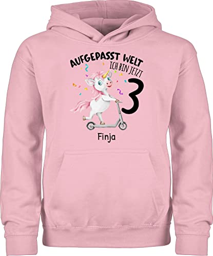 Kinder Hoodie Jungen Mädchen - 3. Geburtstag - Aufgepasst Welt - Ich Bin jetzt 3 - Einhorn mit Name zum Dritten - 98 (1/2 Jahre) - Hellrosa - Schon Pulli Pullover DREI Jahre und Zahl von Geschenk mit Namen personalisiert by Shirtracer