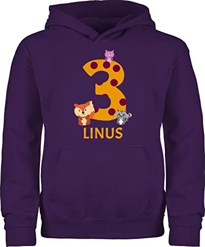 Kinder Hoodie Jungen Mädchen - 3. Geburtstag - Waldtiere - Bär Waschbär Fuchs Eule zum Dritten - 98 (1/2 Jahre) - Lila - pullover junge 3 jahre pullunder name für zahl kind jahren pulli drei von Geschenk mit Namen personalisiert by Shirtracer