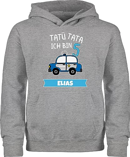 Kinder Hoodie Jungen Mädchen - 5. Geburtstag - Ich bin 5 Polizei TatüTata ich werde 5 Polizeiauto - 128 (7/8 Jahre) - Grau meliert - 5.geburtstag name jahre und von Geschenk mit Namen personalisiert by Shirtracer