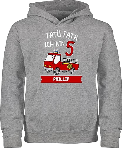 Kinder Hoodie Jungen Mädchen - 5. Geburtstag - Tatü Tata Ich bin 5 - Tatütata ich werde 5 Feuerwehrauto ist da - 116 (5/6 Jahre) - Grau meliert - 5.geburtstag name jahre und von Geschenk mit Namen personalisiert by Shirtracer