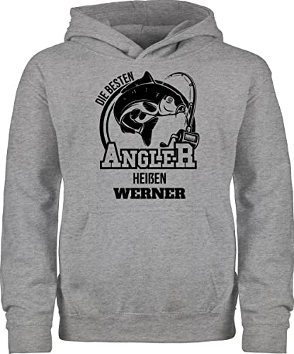 Kinder Hoodie Jungen Mädchen - Angeln - Angler Geschenk - 140 (9/11 Jahre) - Grau meliert - Angel Sachen Name Pullover Kids Fisch angelzubehör Geschenke Geschenk+für+Angler personalisierte von Geschenk mit Namen personalisiert by Shirtracer