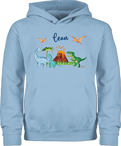 Kinder Hoodie Jungen Mädchen - Geschenk Dinosaurier personalisiert mit Name I Dino I Dinos - 104 (3/4 Jahre) - Hellblau - Pullover Jungs Tier trex Pulli Tieren Kita Hoodies saurier t rex Hoddie von Geschenk mit Namen personalisiert by Shirtracer