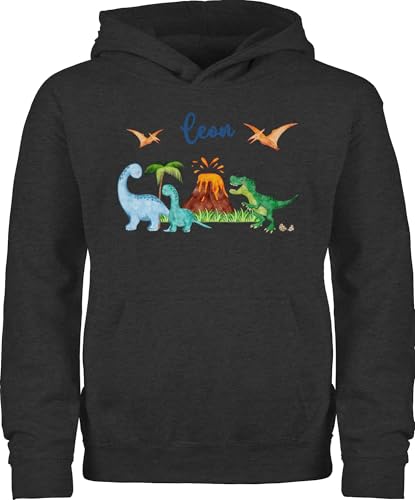 Kinder Hoodie Jungen Mädchen - Geschenk Dinosaurier personalisiert mit Name I Dino I Dinos - 116 (5/6 Jahre) - Anthrazit meliert - Pullover Jungs Tier trex Pulli Tieren Kita Hoodies saurier t rex von Geschenk mit Namen personalisiert by Shirtracer