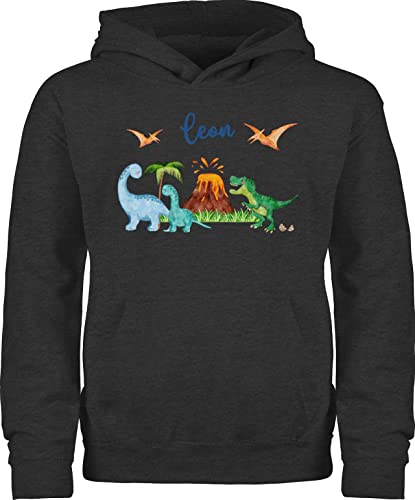 Kinder Hoodie Jungen Mädchen - Geschenk Dinosaurier personalisiert mit Name I Dino I Dinos - 128 (7/8 Jahre) - Anthrazit meliert - Pullover Jungs Tier trex Pulli Tieren Kita Hoodies saurier t rex von Geschenk mit Namen personalisiert by Shirtracer