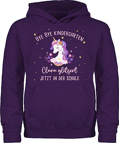 Kinder Hoodie Jungen Mädchen - Einschulung - Bye Bye Kindergarten Glitzer jetzt in der Schule - 128 (7/8 Jahre) - Lila - Schulanfang personalisierte Geschenke personalisiertes einschulungsgeschenk von Geschenk mit Namen personalisiert by Shirtracer