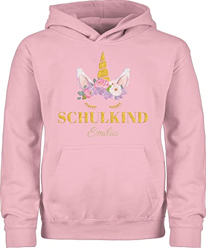 Kinder Hoodie Jungen Mädchen - Einschulung - Einhorn Kopf Blumen - 128 (7/8 Jahre) - Hellrosa - Schulkind Schulanfang zur personalisierte Geschenke für personalisiertes personalisierter von Geschenk mit Namen personalisiert by Shirtracer