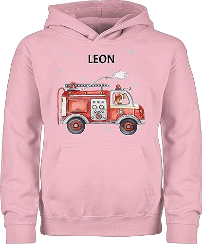 Kinder Hoodie Jungen Mädchen - Feuerwehr Auto Feuerwehrauto 112 Fire Truck Löschfahrzeug - 116 (5/6 Jahre) - Hellrosa - Name Pulli und Pullover Junge freiwillige Jungs personalisierte von Geschenk mit Namen personalisiert by Shirtracer