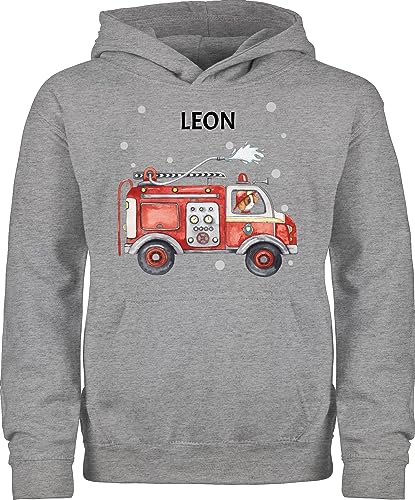 Kinder Hoodie Jungen Mädchen - Feuerwehr Auto Feuerwehrauto 112 Fire Truck Löschfahrzeug - 128 (7/8 Jahre) - Grau meliert - Pullover Jungs Name Hoody Geschenke Kapuzenpullover und Kind von Geschenk mit Namen personalisiert by Shirtracer